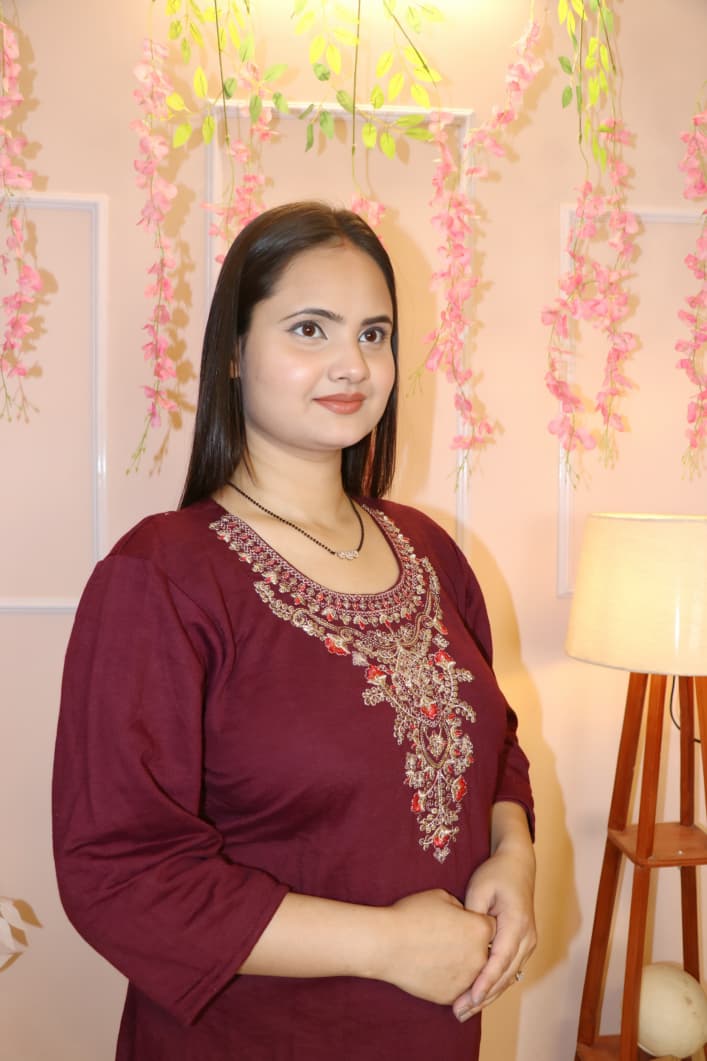 “Deep Maroon Embroidered Woollen Kurti – Premium Winter Wear”