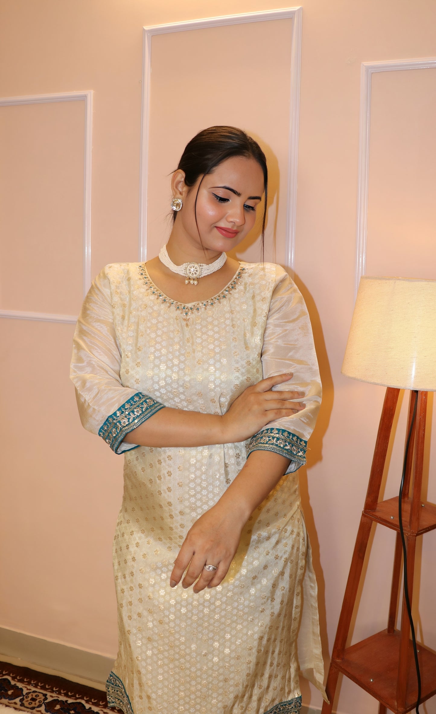 Elegant Cream/Off-White Woven Silk Chanderi Kurta