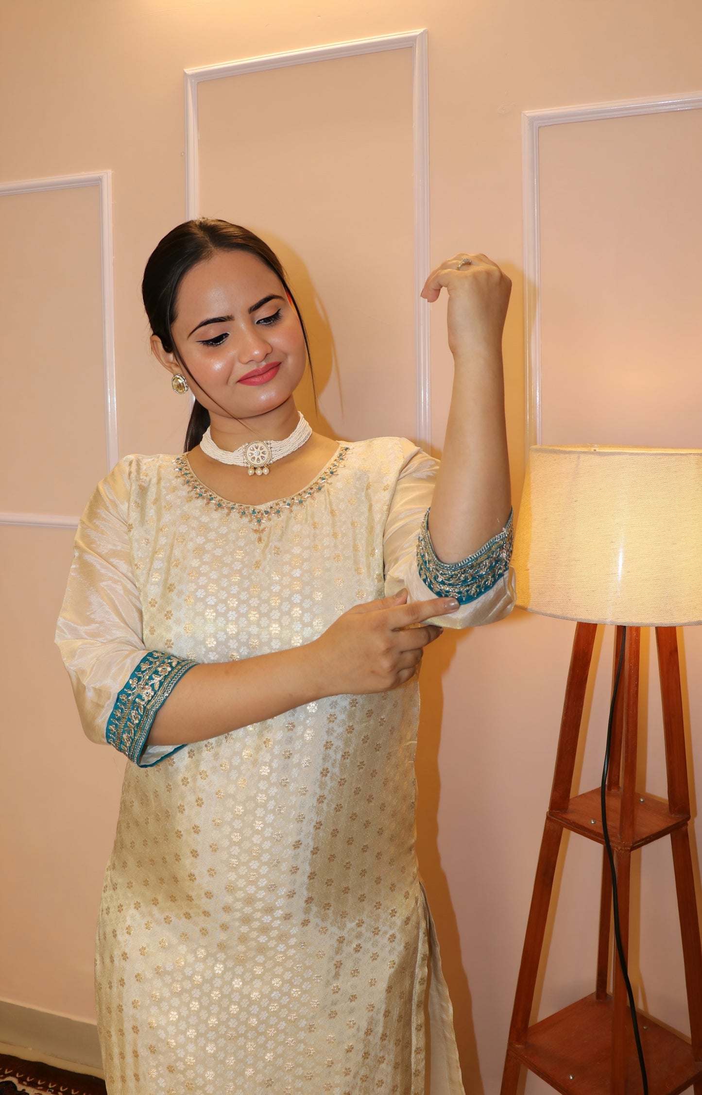 Elegant Cream/Off-White Woven Silk Chanderi Kurta