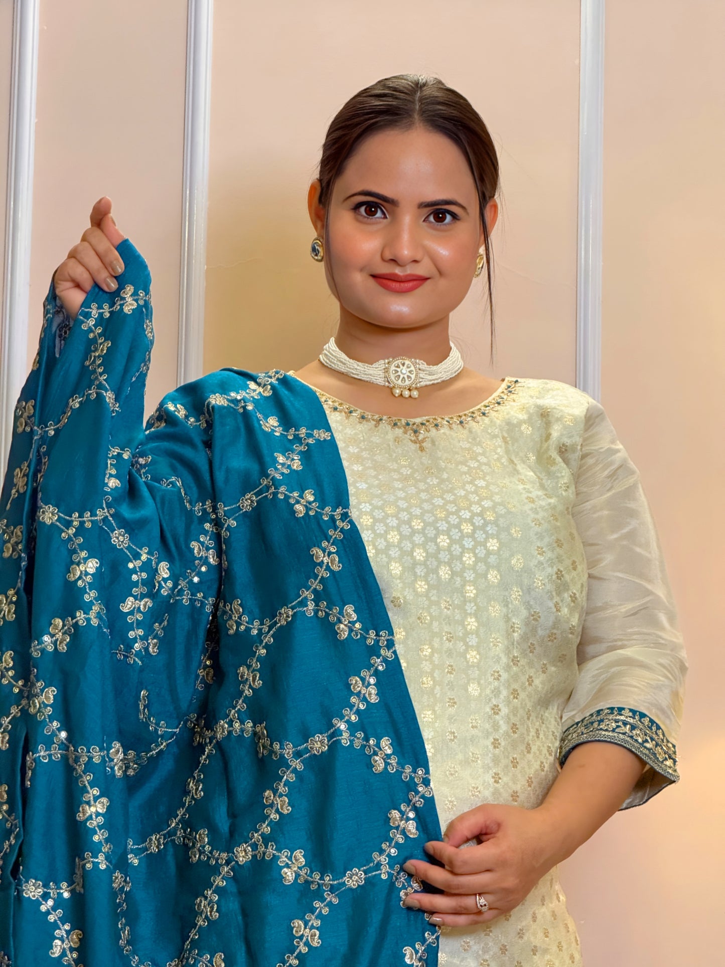 Elegant Cream/Off-White Woven Silk Chanderi Kurta