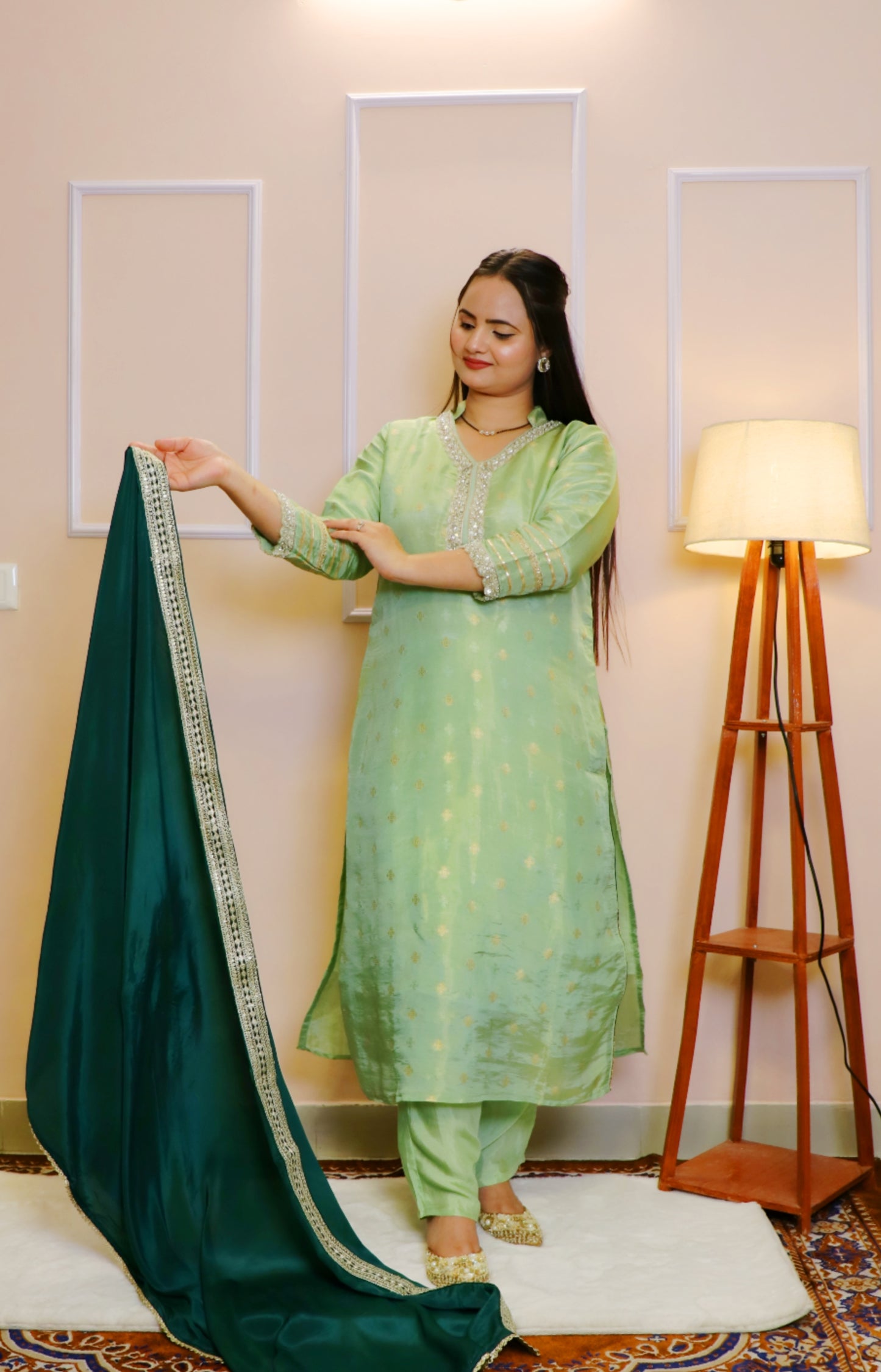 Festive Vibe Handcrafted Kurta Set with Elegant Bottle Green Embroidered Dupatta