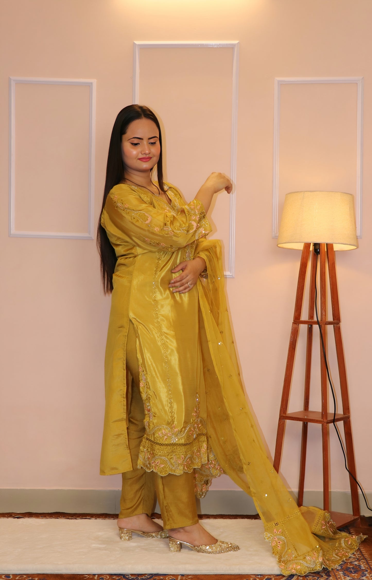 Mustard Yellow Embroidered Premium Glossy Silk Kurta Set