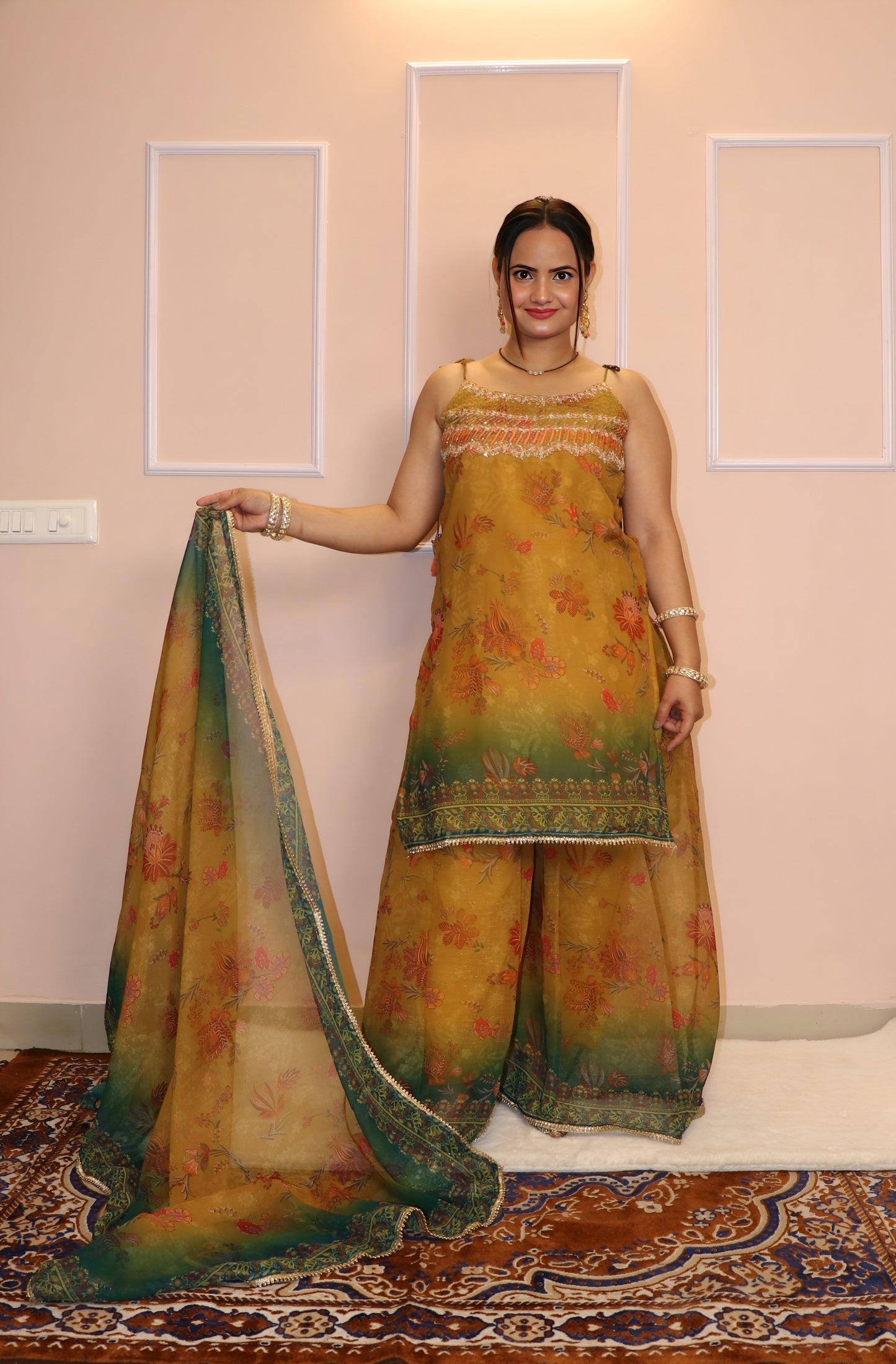 Mustard Ombre Embroidered Kurti Palazzo Set with Dupatta