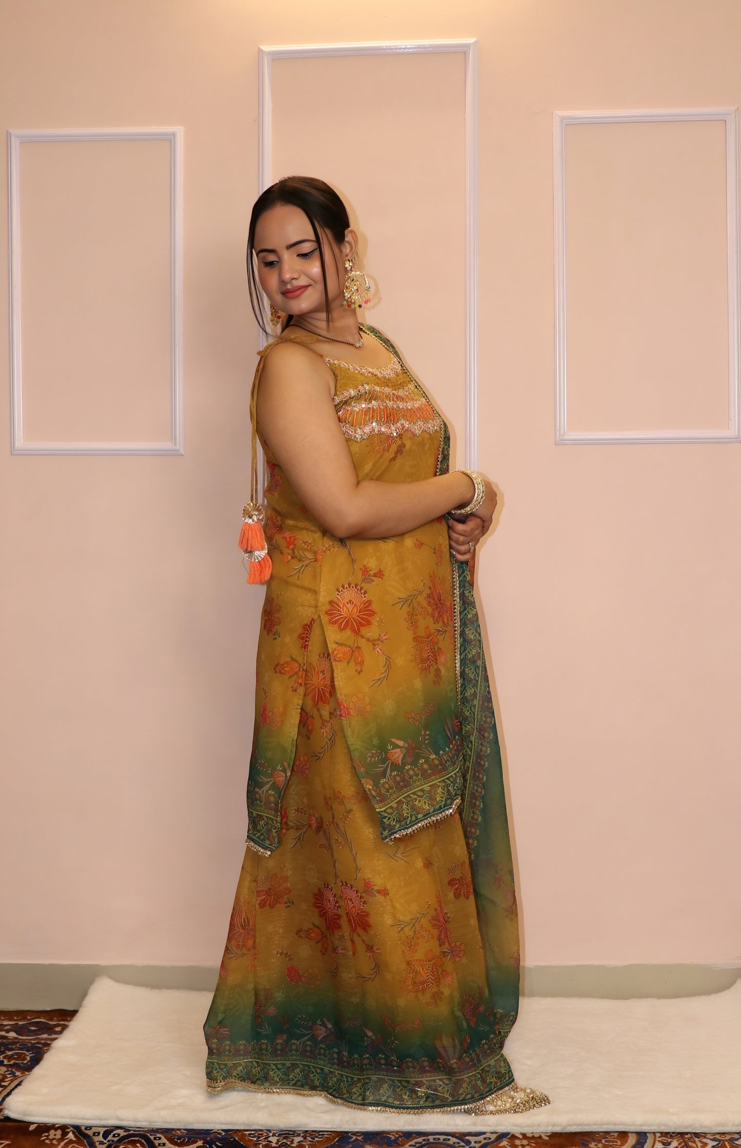 Mustard Ombre Embroidered Kurti Palazzo Set with Dupatta