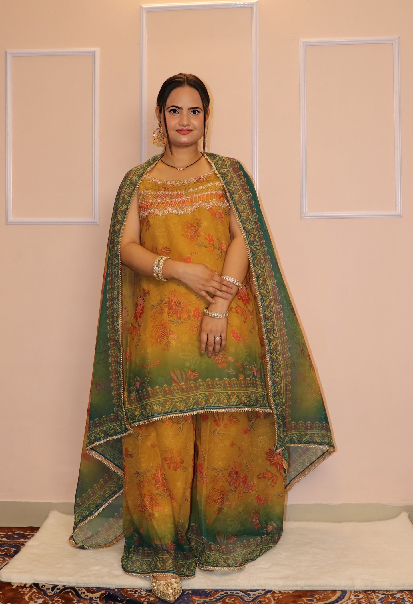 Mustard Ombre Embroidered Kurti Palazzo Set with Dupatta
