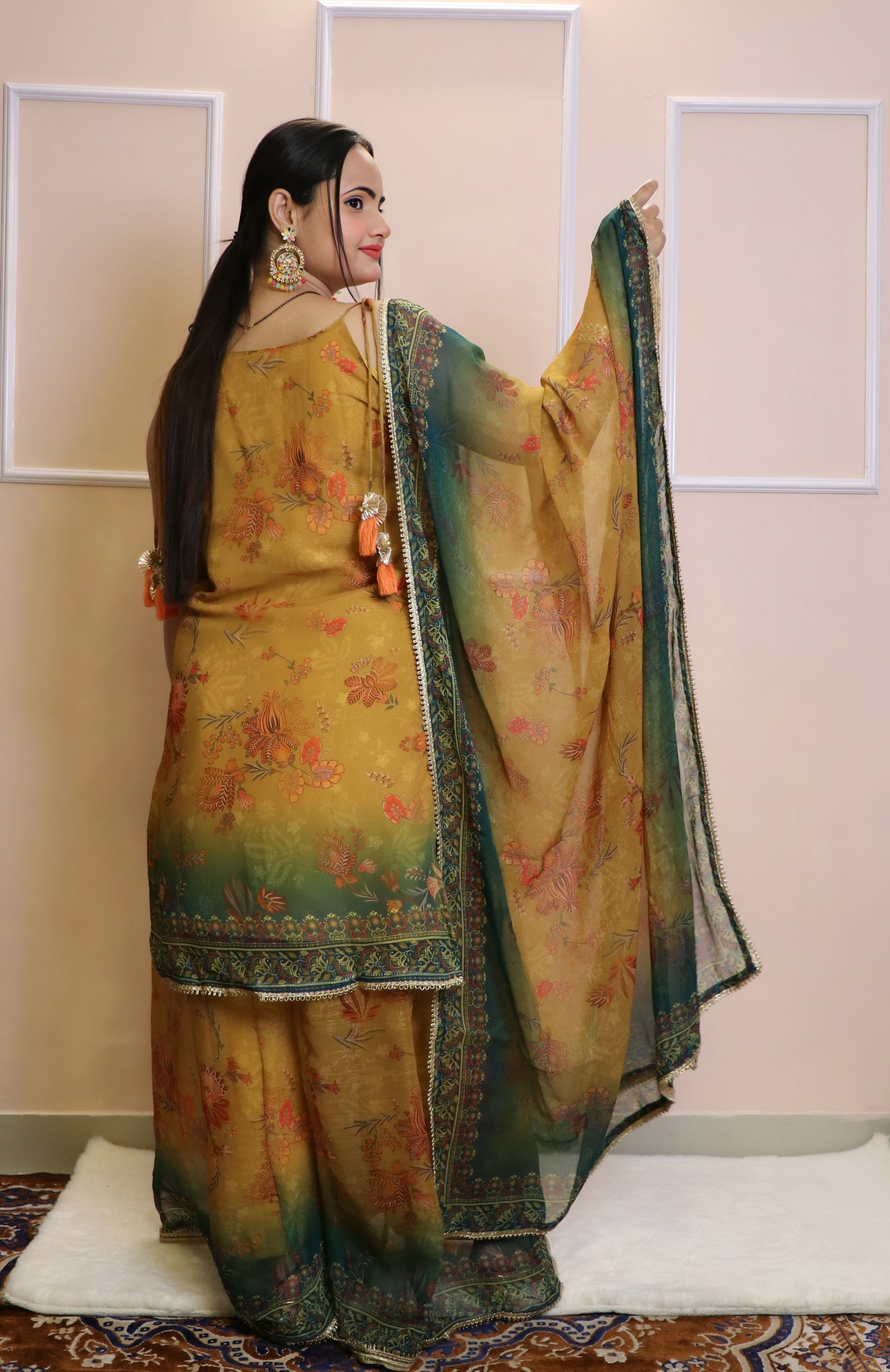 Mustard Ombre Embroidered Kurti Palazzo Set with Dupatta
