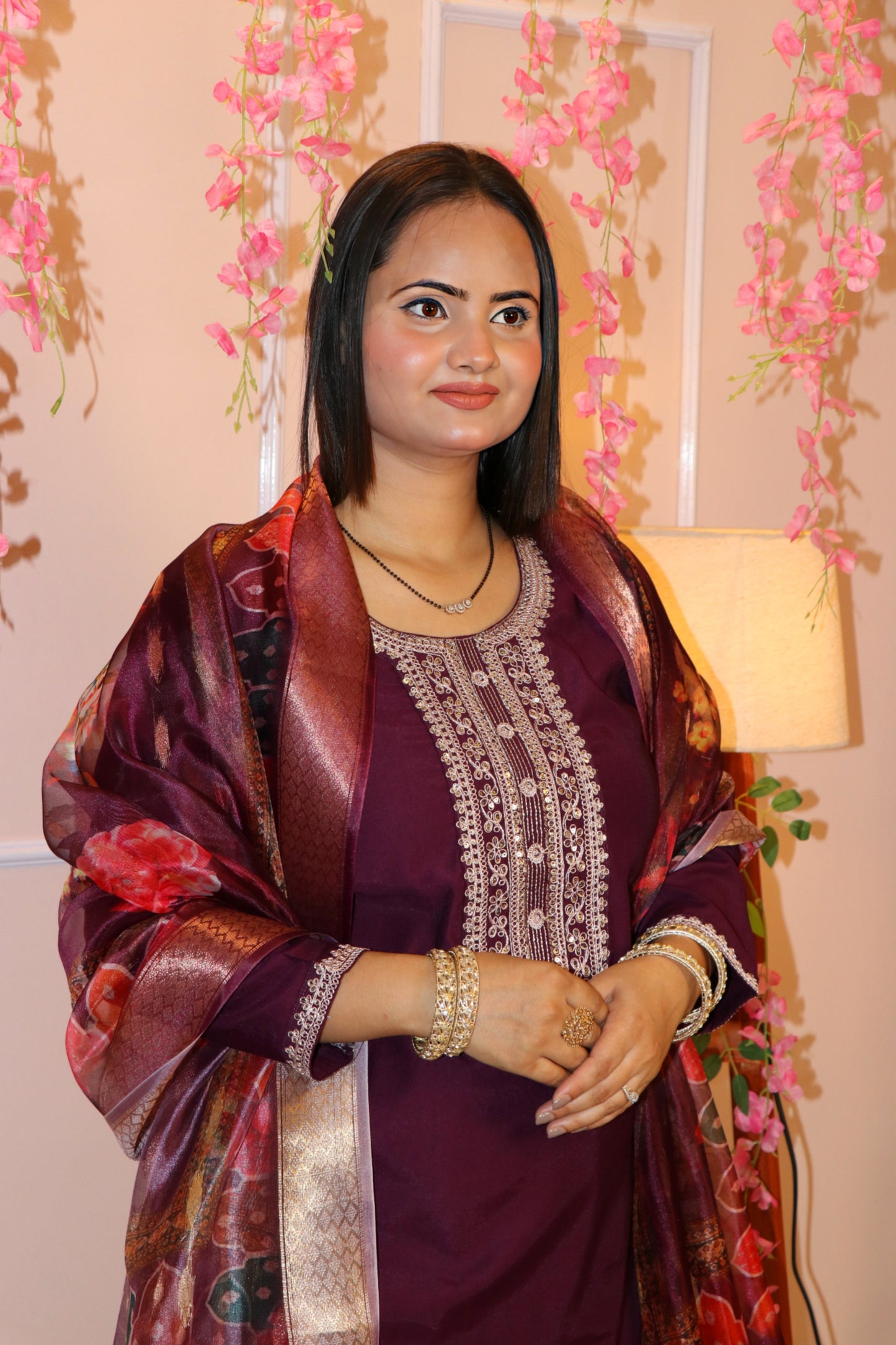 Maroon Sequined Kurta with Silk Banarasi Dupatta