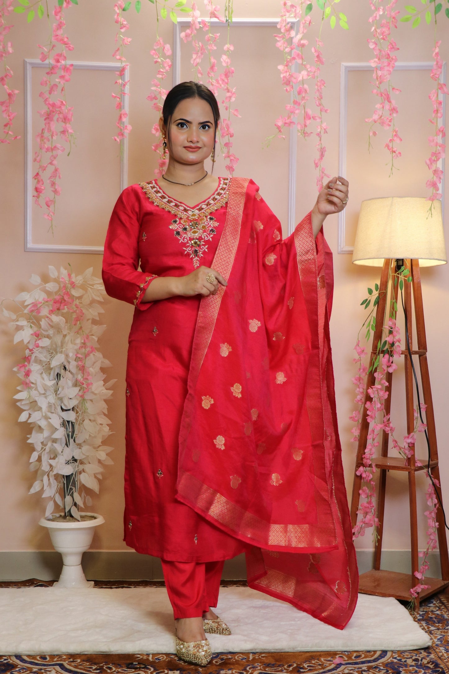 Festive Pink Kurti with Handcrafted Heavy Neck Work And Heavy Dupatta Banarasi Brocade