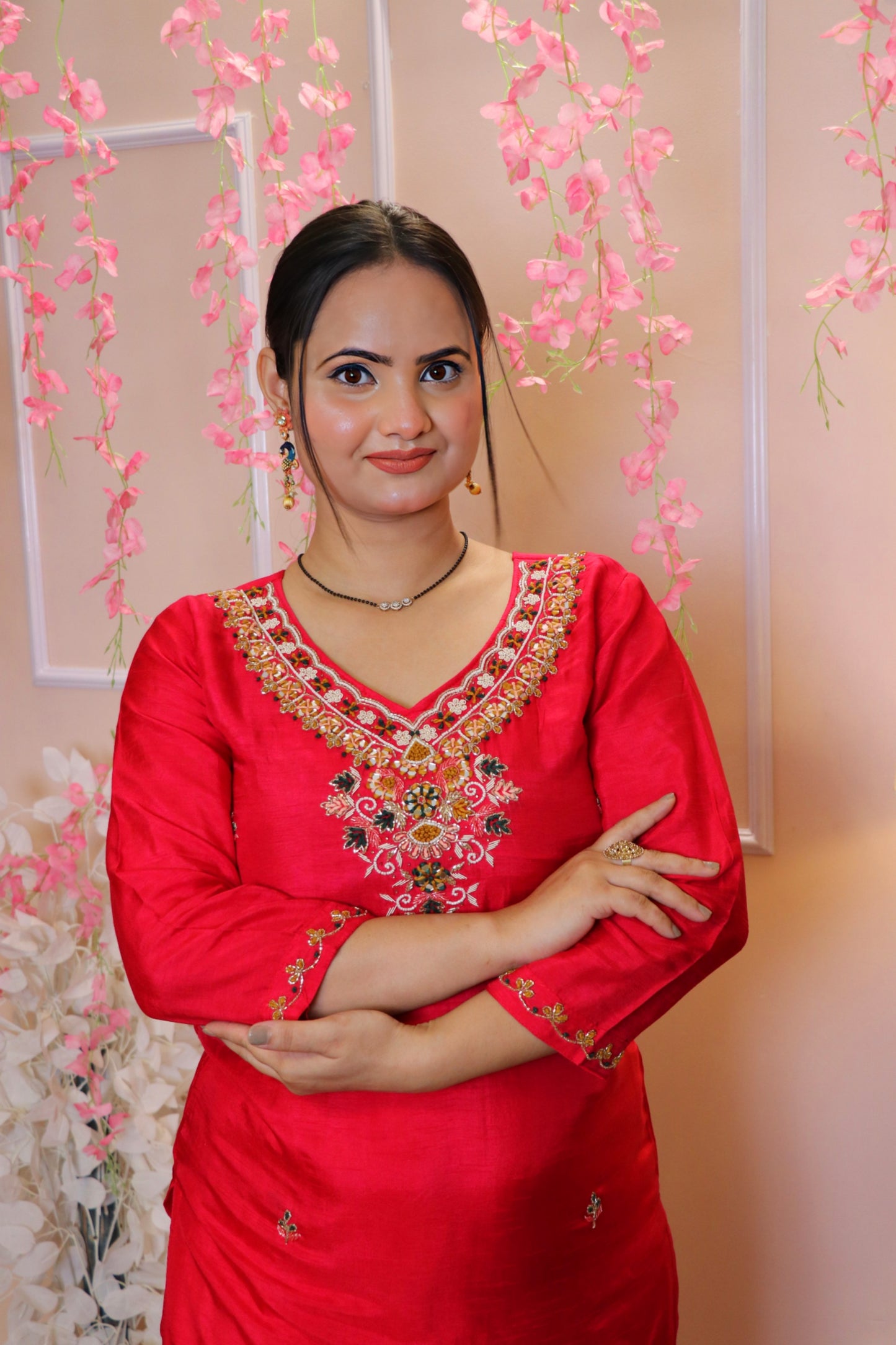 Festive Pink Kurti with Handcrafted Heavy Neck Work And Heavy Dupatta Banarasi Brocade