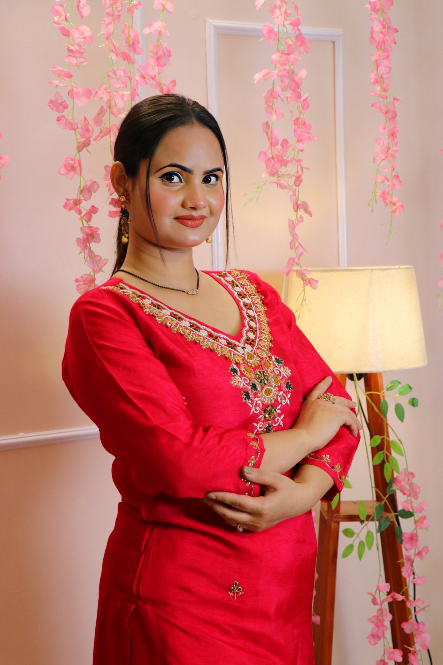 Festive Pink Kurti with Handcrafted Heavy Neck Work And Heavy Dupatta Banarasi Brocade