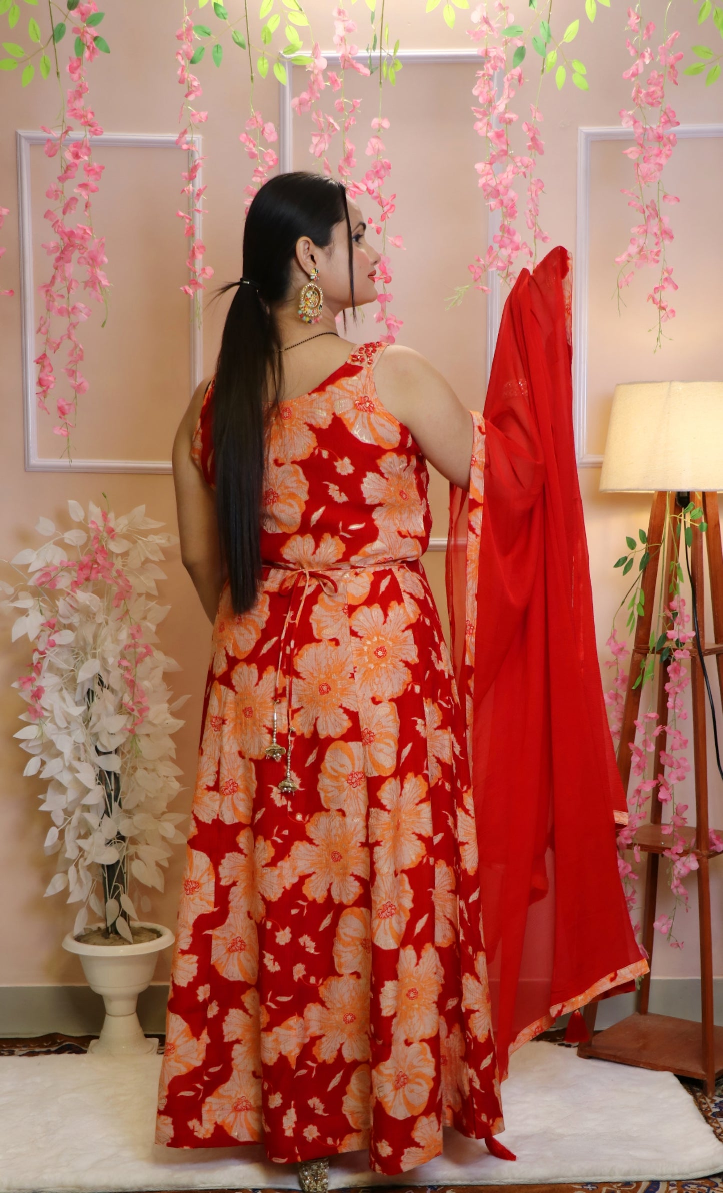 Red Floral Print Sleeveless Anarkali Kurta Set