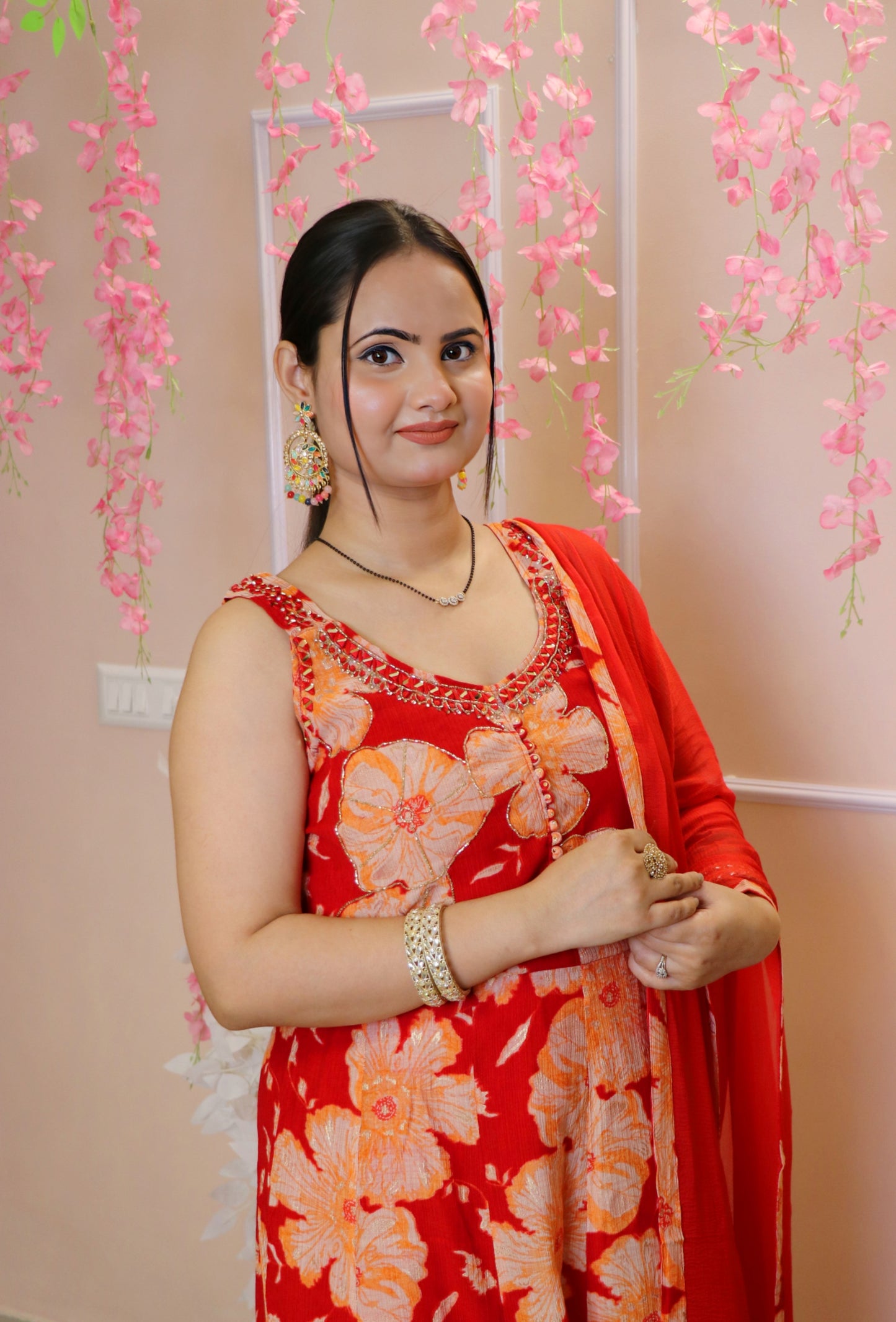 Red Floral Print Sleeveless Anarkali Kurta Set