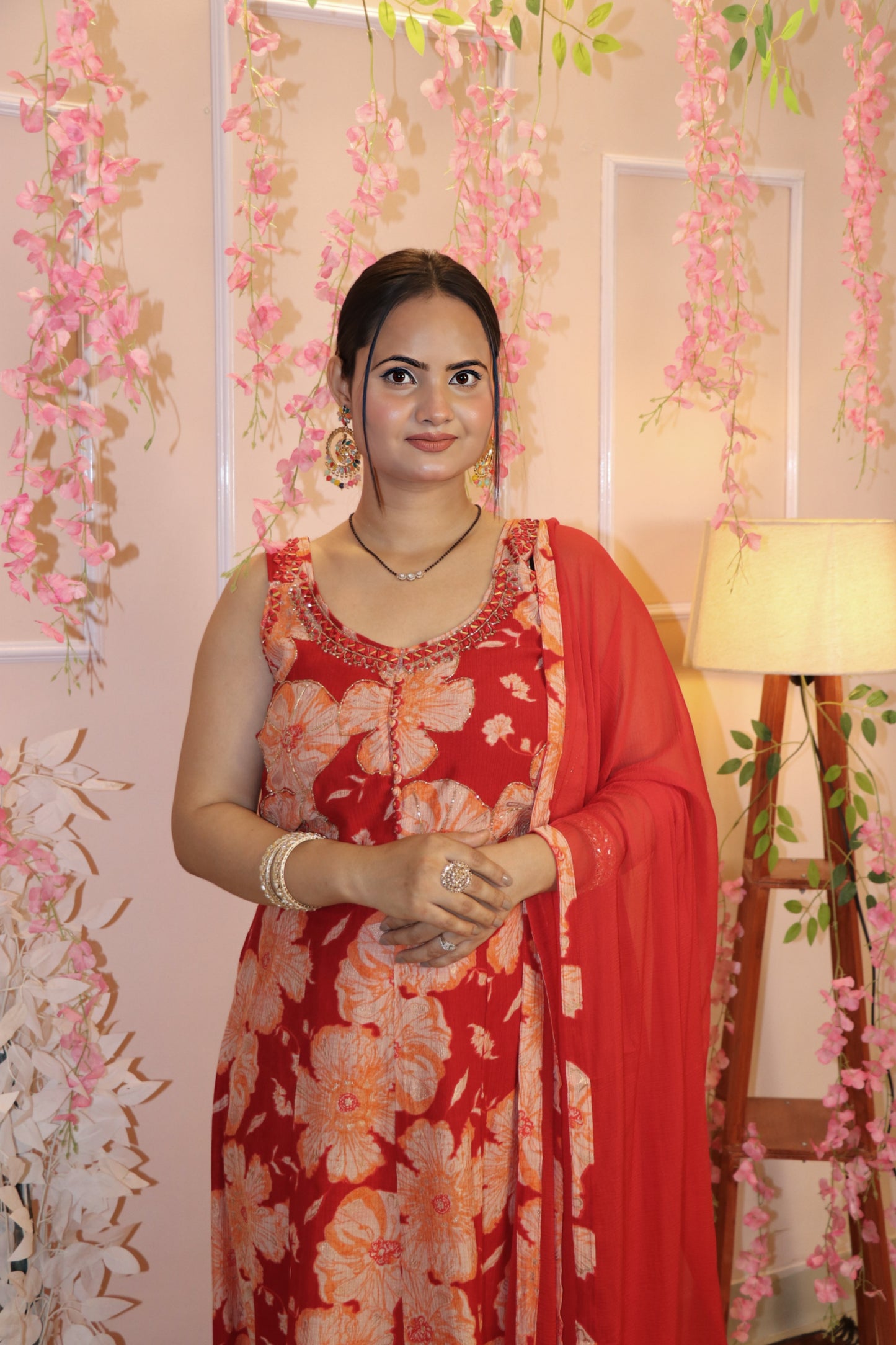Red Floral Print Sleeveless Anarkali Kurta Set
