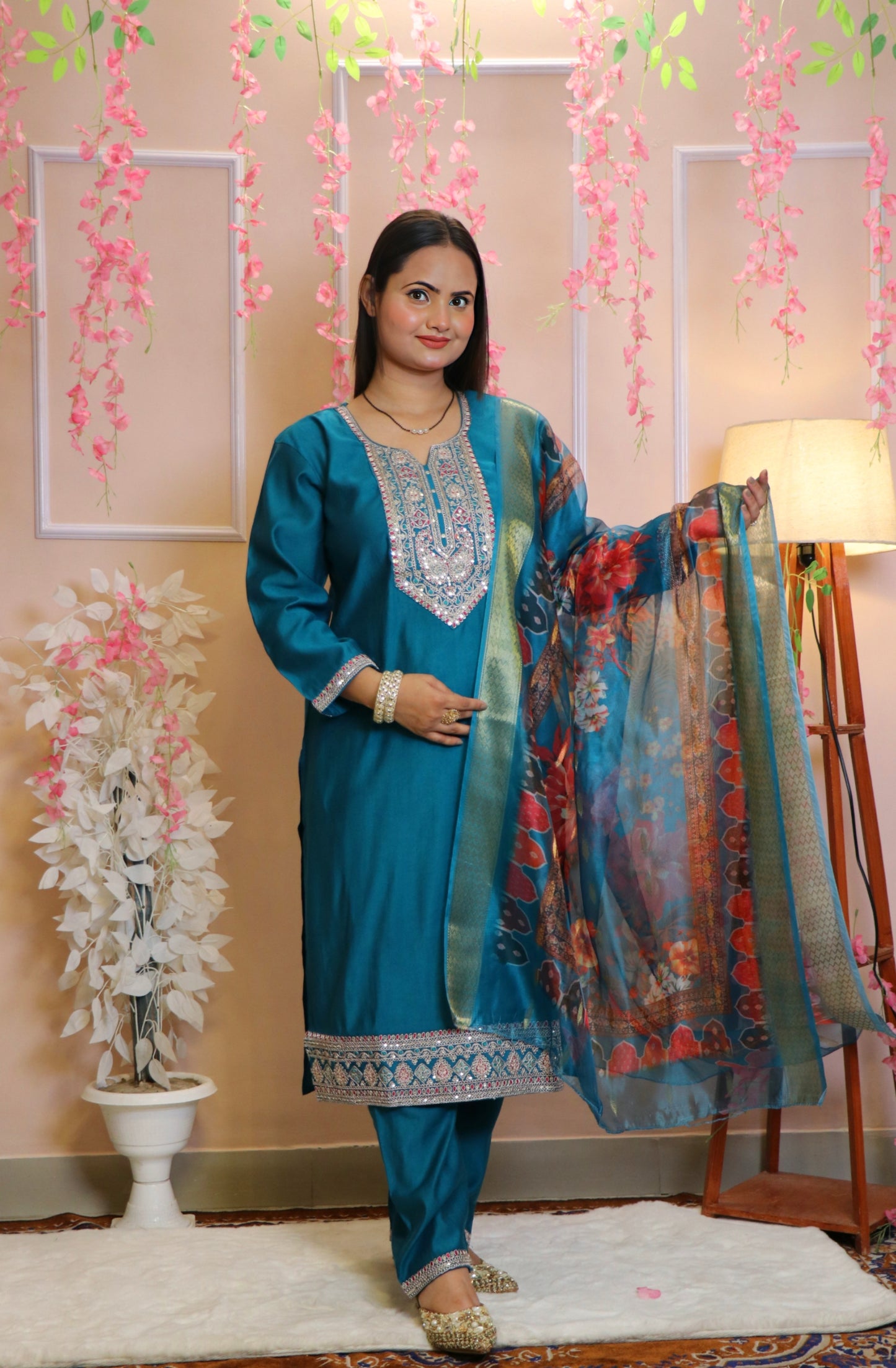 Teal Blue Kurta with Heavy Embroidered Yoke