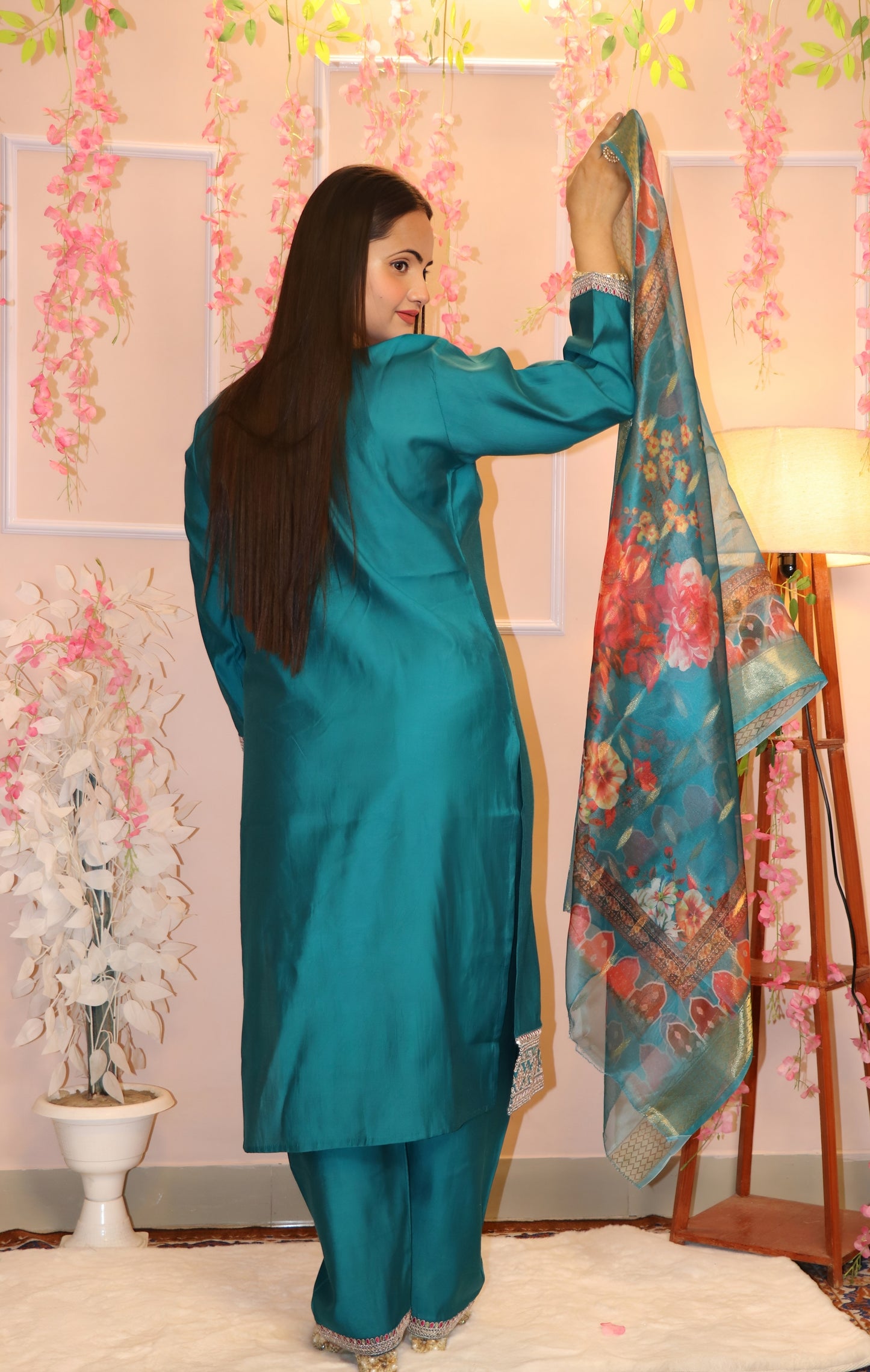 Teal Blue Kurta with Heavy Embroidered Yoke