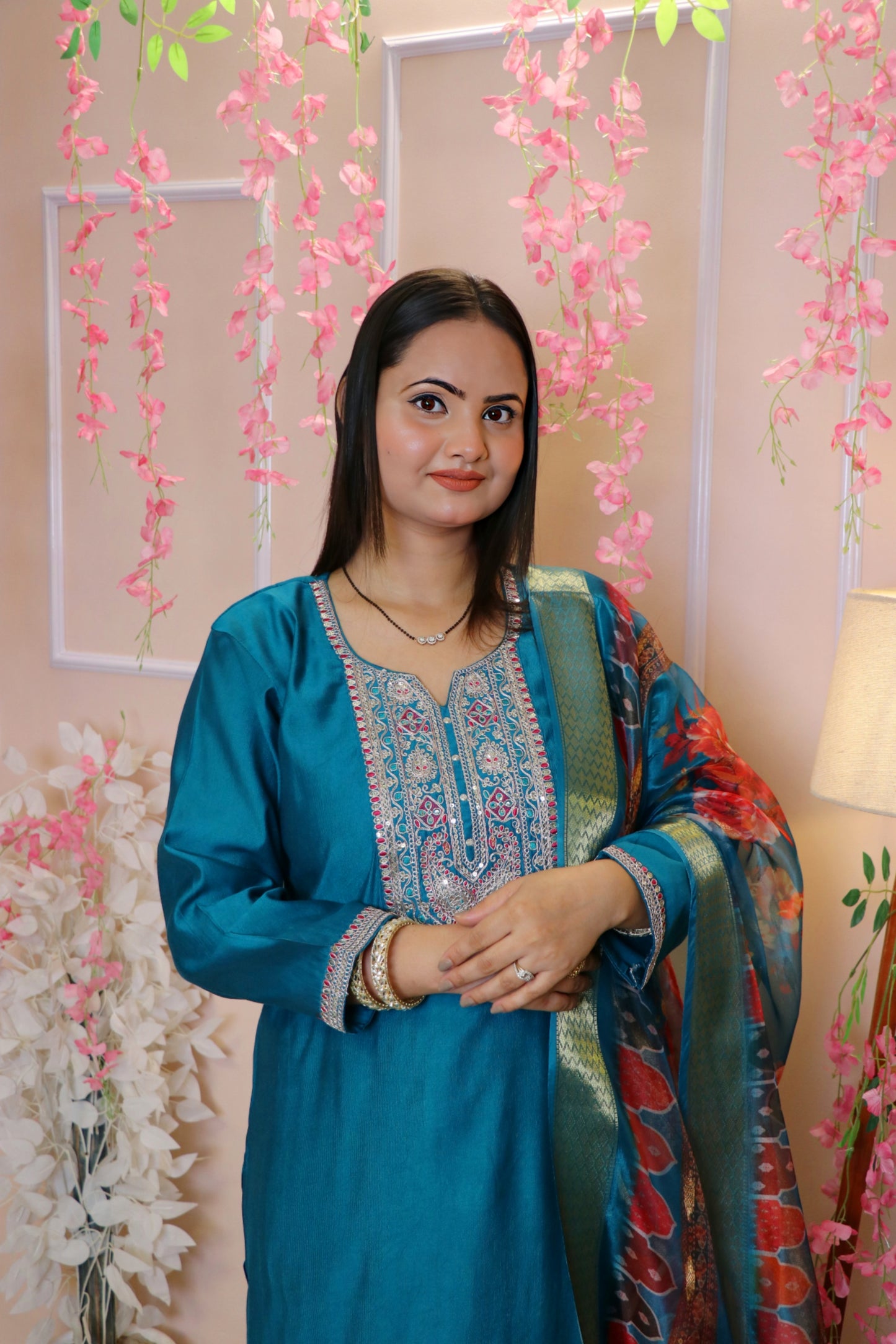 Teal Blue Kurta with Heavy Embroidered Yoke