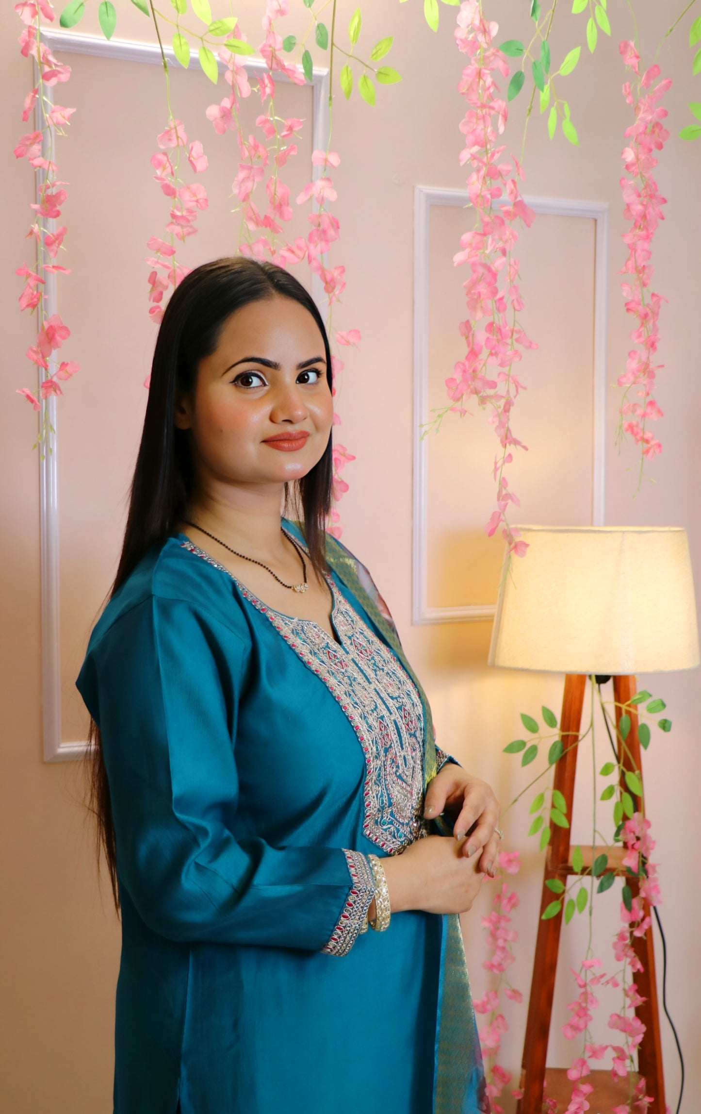 Teal Blue Kurta with Heavy Embroidered Yoke