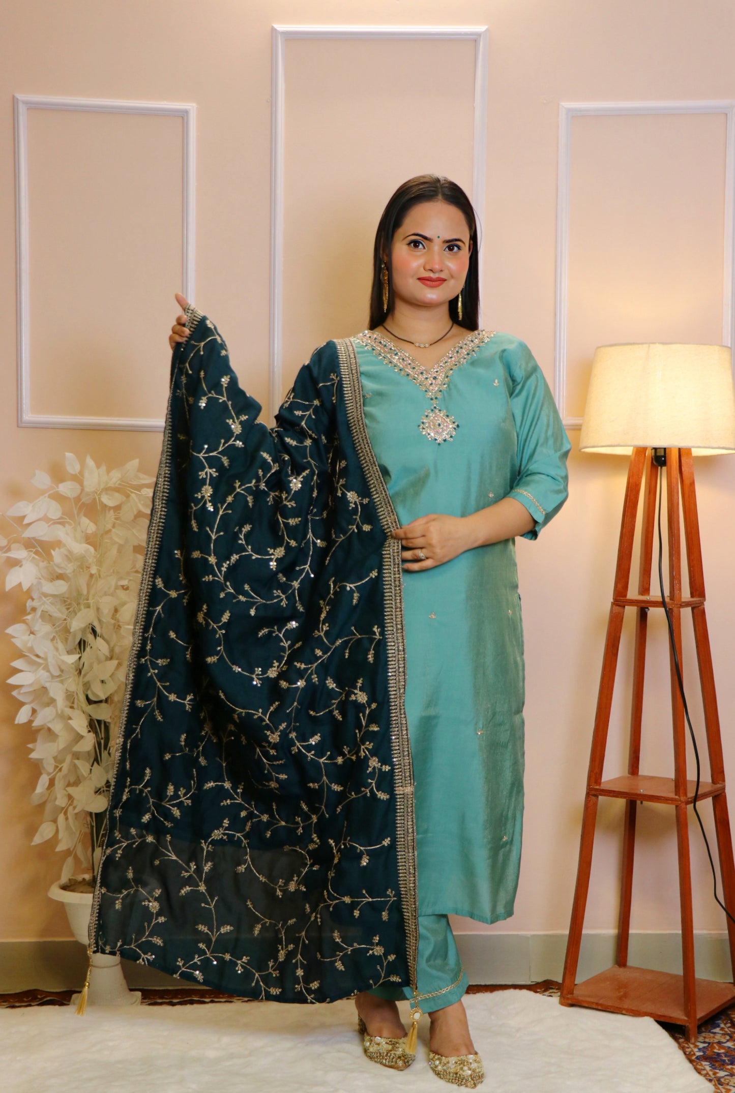 Aqua Kurta Set Handcrafted with Heavy Embroidered Neck & Navy Dupatta
