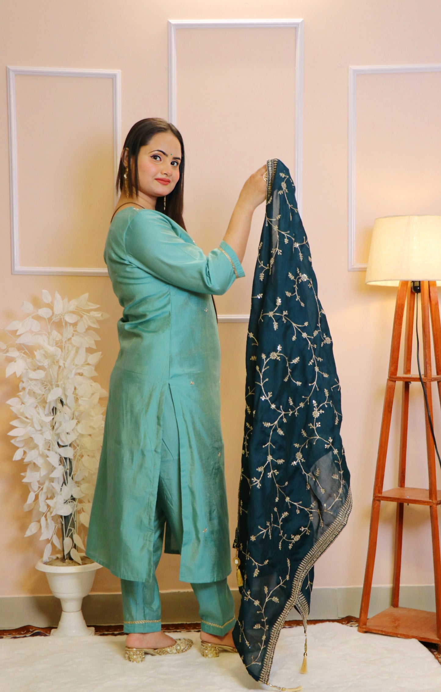 Aqua Kurta Set Handcrafted with Heavy Embroidered Neck & Navy Dupatta