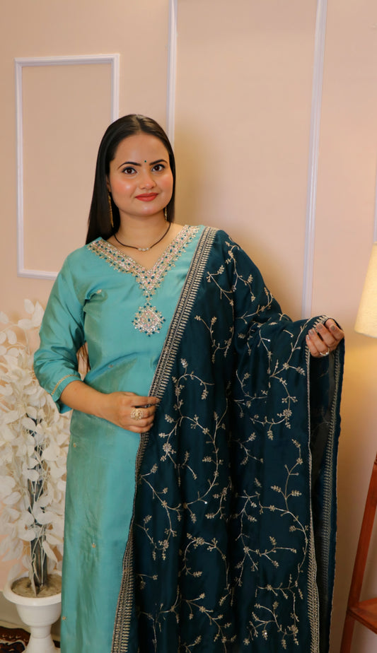 Aqua Kurta Set Handcrafted with Heavy Embroidered Neck & Navy Dupatta