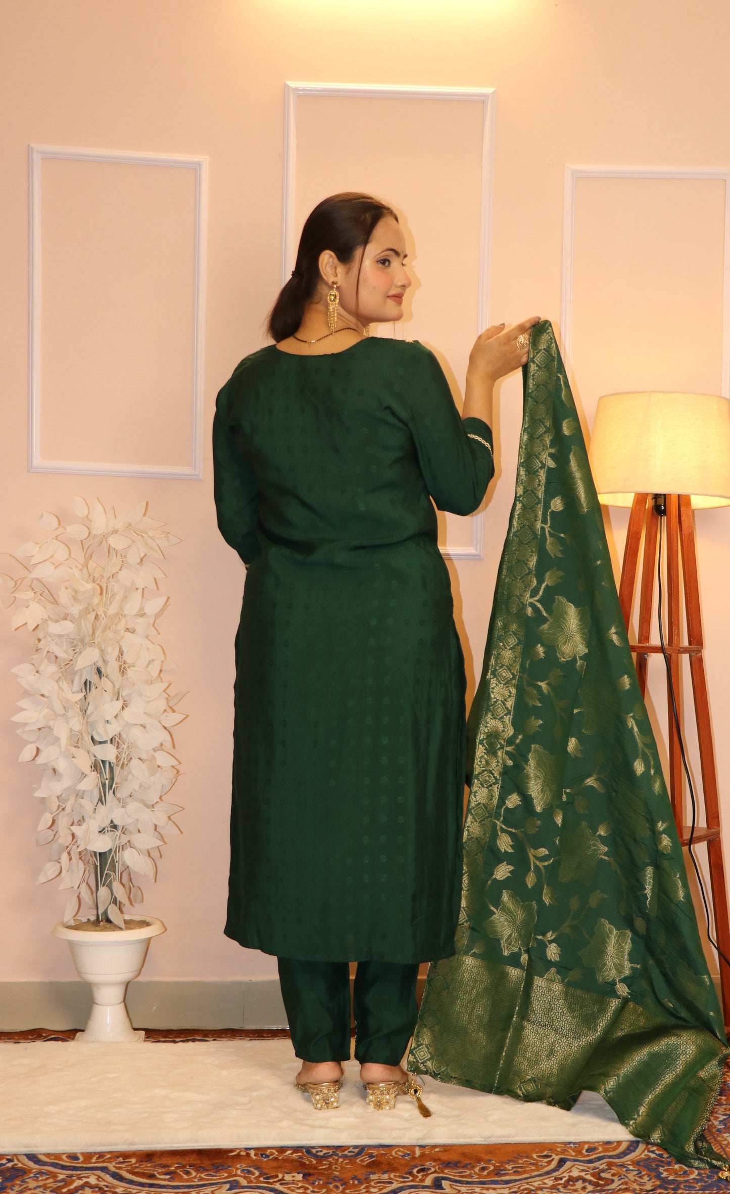 Festive Bottle Green Kurta Set with Gold Zari Work