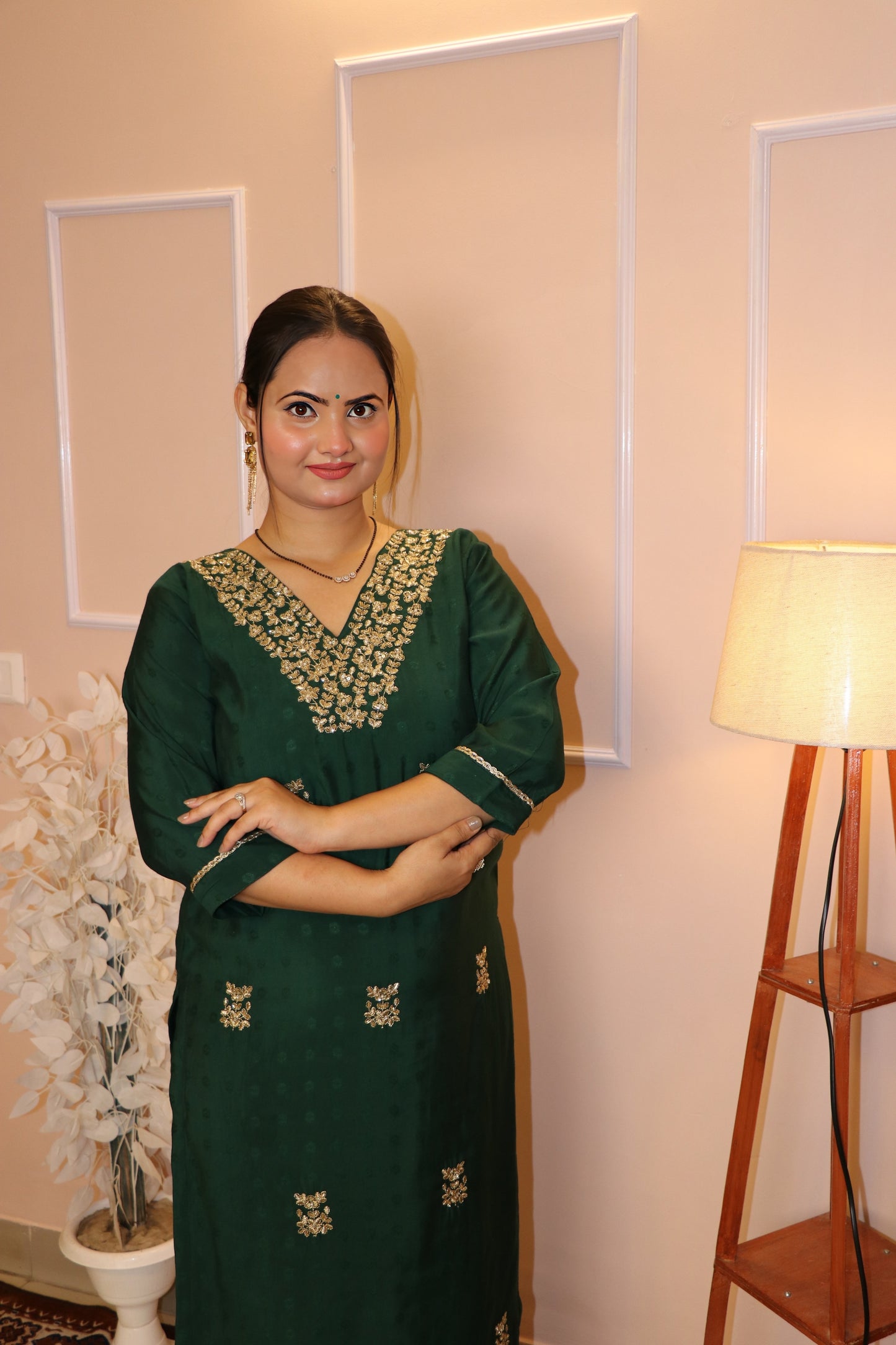 Festive Bottle Green Kurta Set with Gold Zari Work