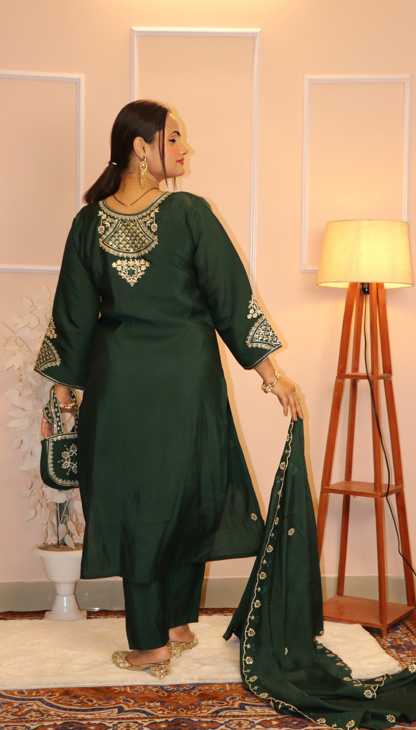 Deep Green Silk Suit with Gold Zari Work