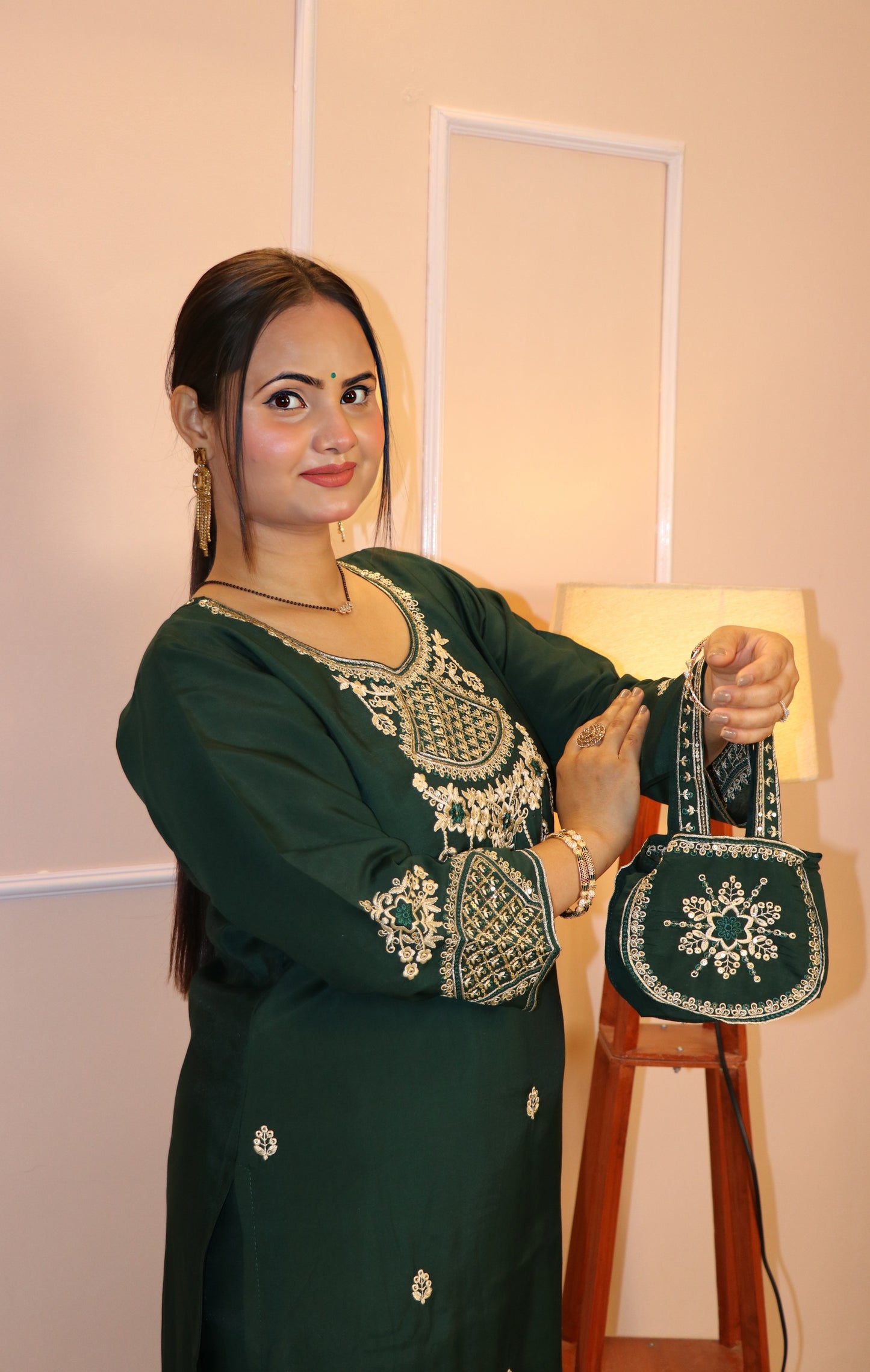 Deep Green Silk Suit with Gold Zari Work