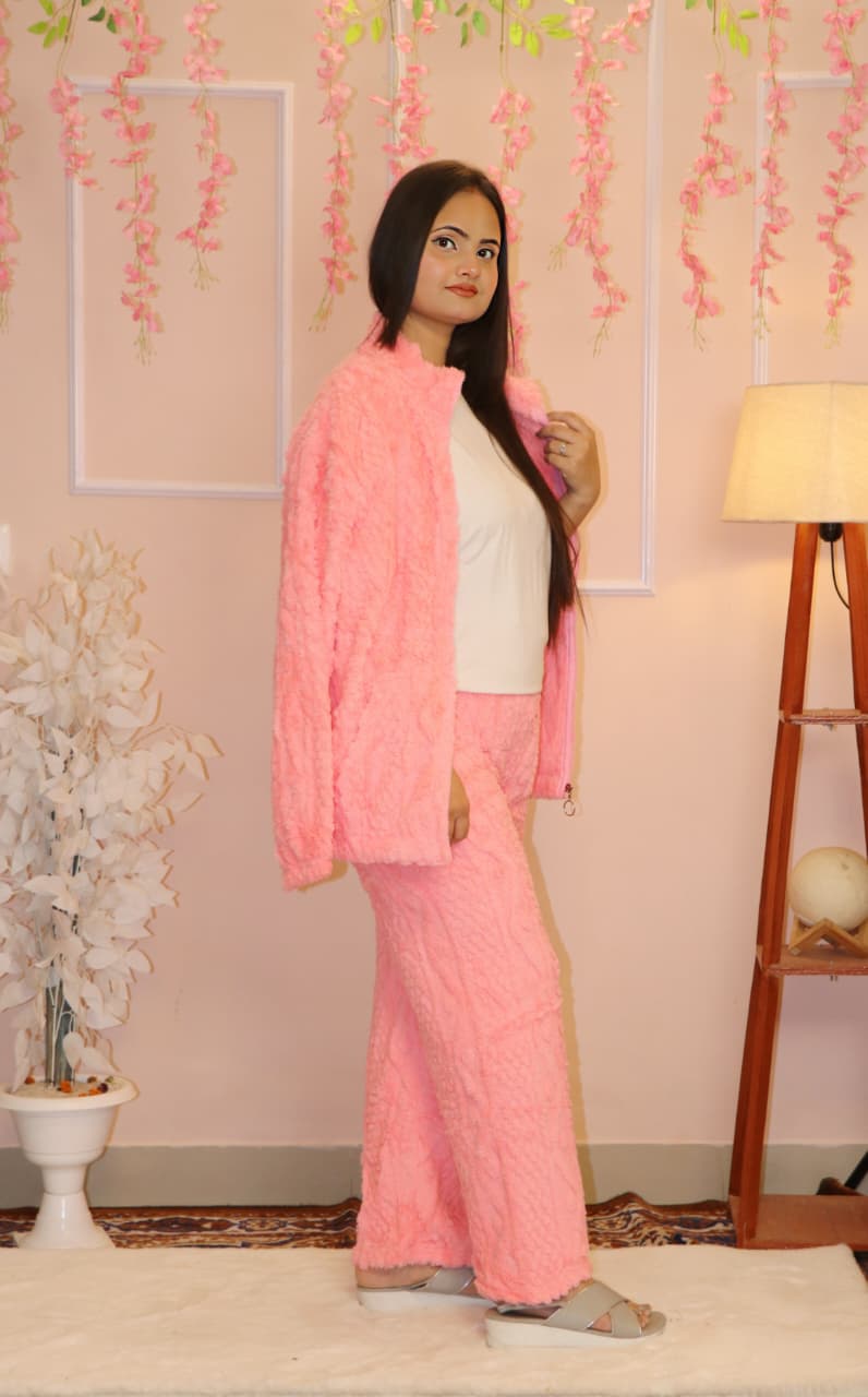 “Pink Fluffy Winter Co-ord Set – Ultra Soft, Warm & Cozy Loungewear”