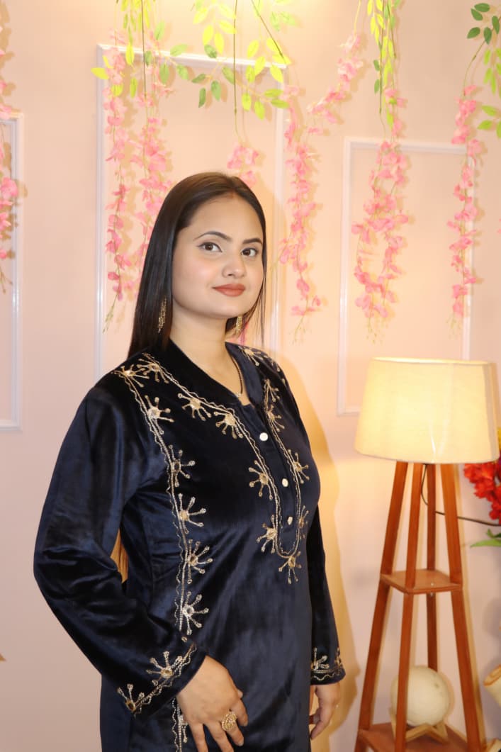 “Navy Blue Velvet Embroidered Co-Ord Set – Royal Winter Festive Wear”