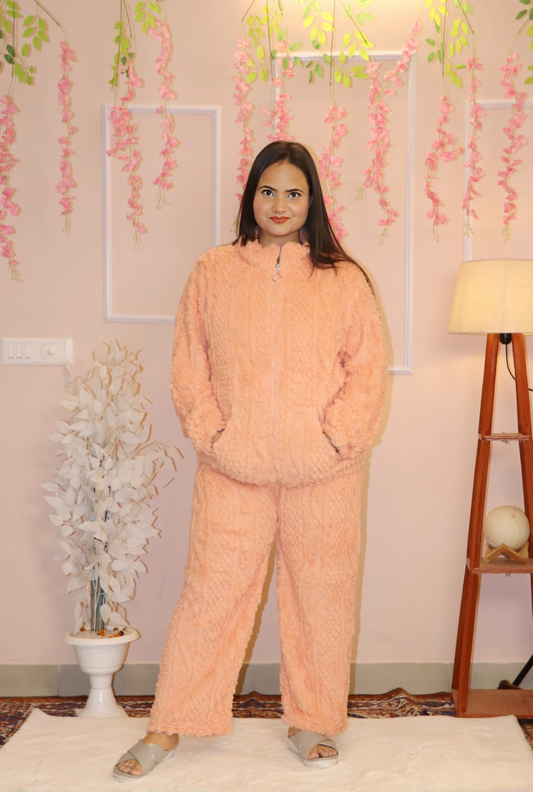 Peach Plush Fleece Super-Soft Winter Co-ord Set | Ultra Warm & Cozy Loungewear