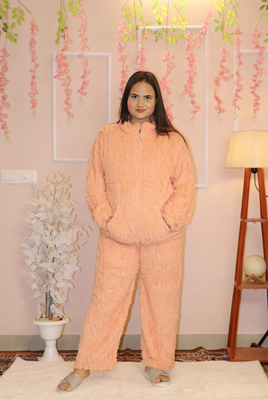 Peach Plush Fleece Super-Soft Winter Co-ord Set | Ultra Warm & Cozy Loungewear