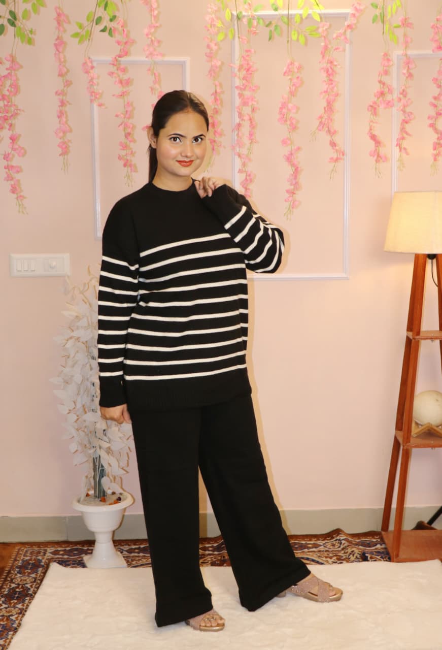 “Black Striped Knitted Winter Co-Ord Set – Warm, Stylish & Effortlessly Comfy”