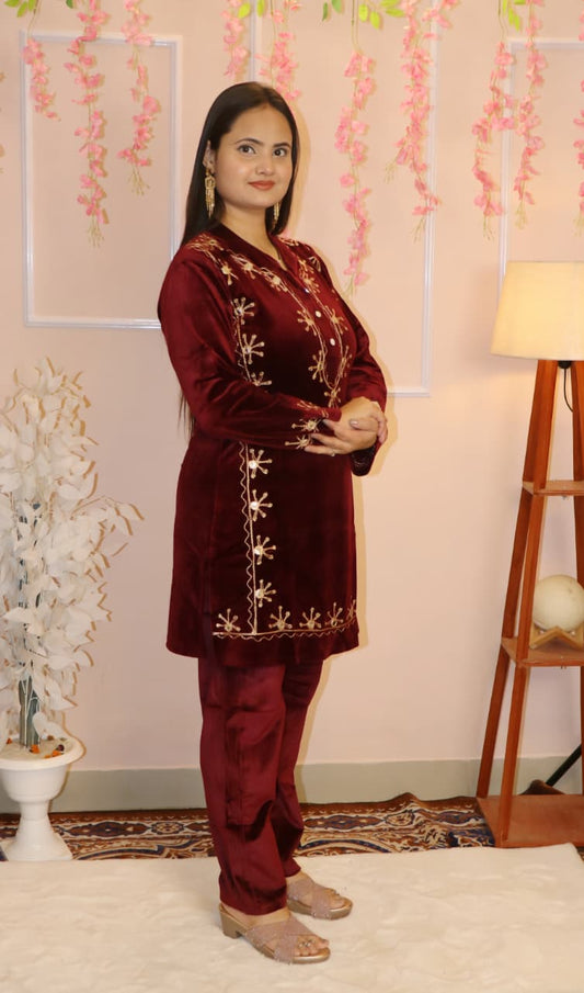 “Maroon Velvet Embroidered Co-Ord Set – Luxurious Winter Festive Wear”