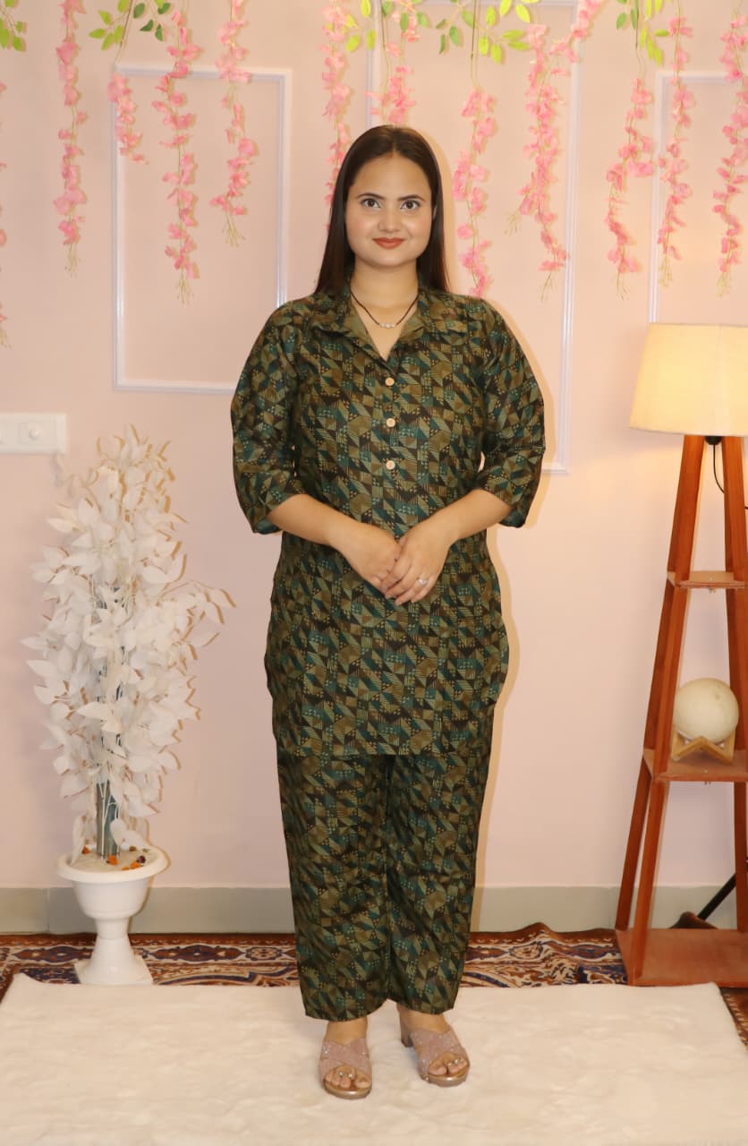“Geometric Print Green Co-Ord Set – Effortless Style & Everyday Comfort”