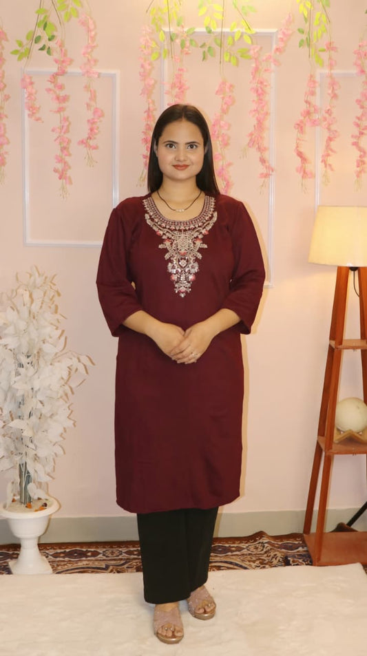 “Deep Maroon Embroidered Woollen  Kurti – Premium Winter  Wear”