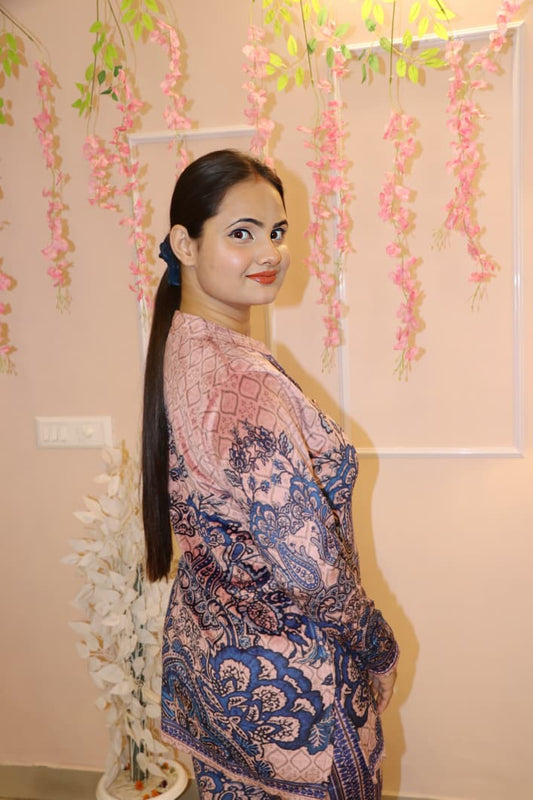 “Rose Pink & Navy Printed Velvet Co-Ord Set – Elegant Winter Festive Wear”