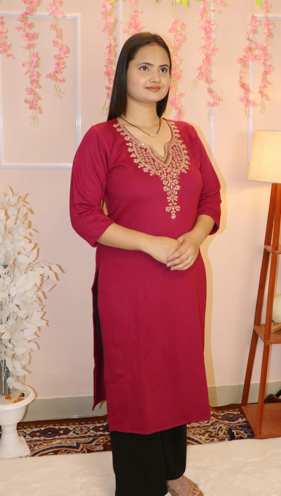 “Rich Wine Red Embroidered Woollen  Kurti – Winter Festive Elegance”