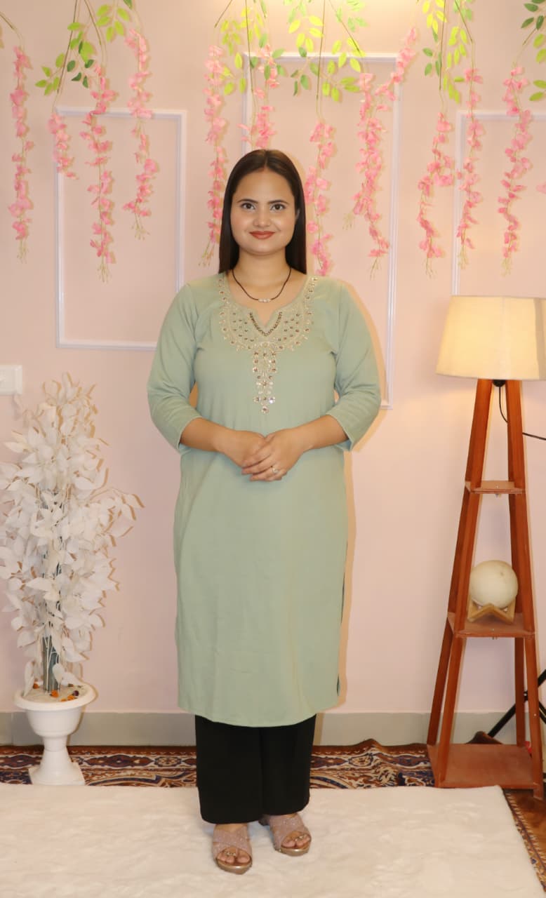“Pastel Sage Green Embroidered Woollen  Kurti – Winter Comfort Wear”
