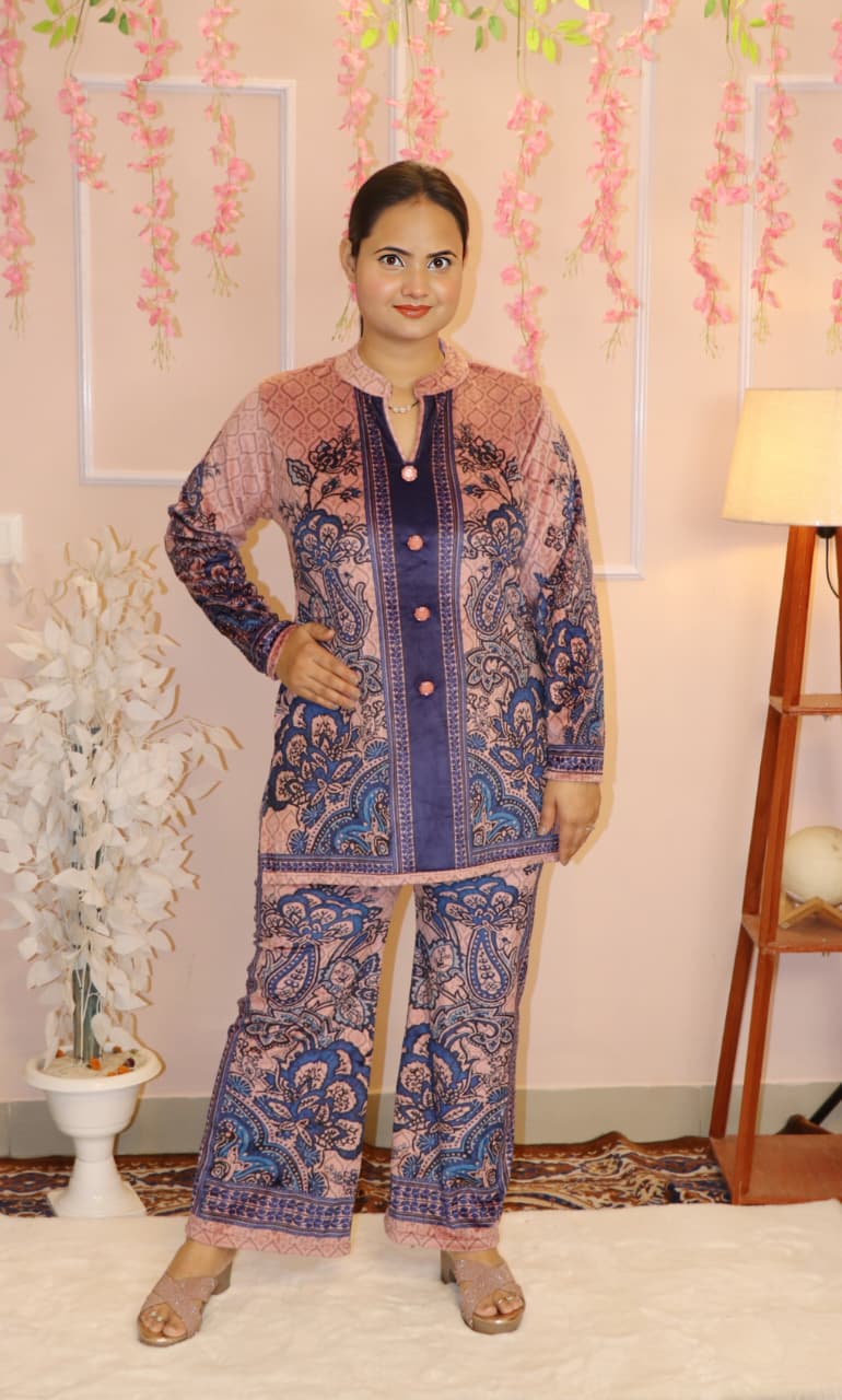 “Rose Pink & Navy Printed Velvet Co-Ord Set – Elegant Winter Festive Wear”
