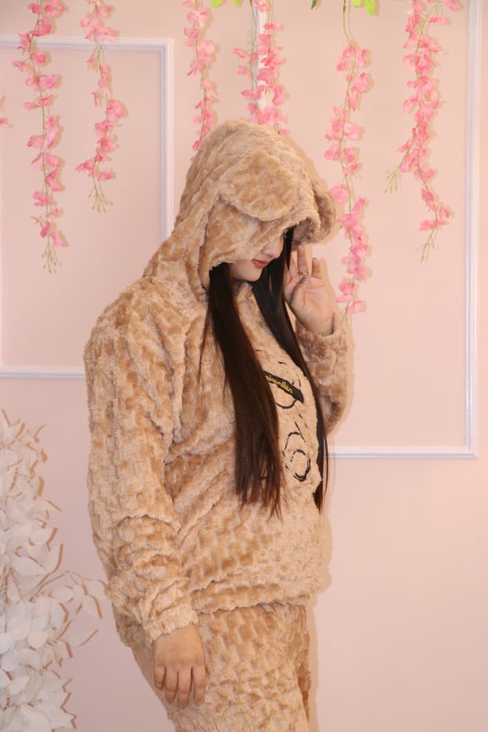 Camel Brown Teddy Winter Co-ord Set with Cute Hoodie Ears