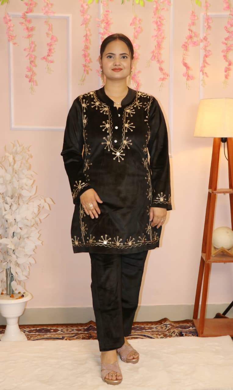 “Black Velvet Embroidered Co-Ord Set – Premium Winter Festive Wear”