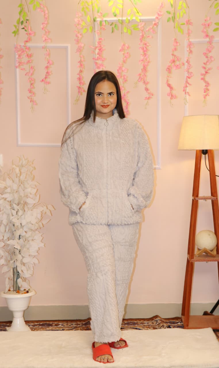 “Light Grey Fluffy Winter Co-ord Set – Ultra Soft, Warm & Cozy Loungewear”