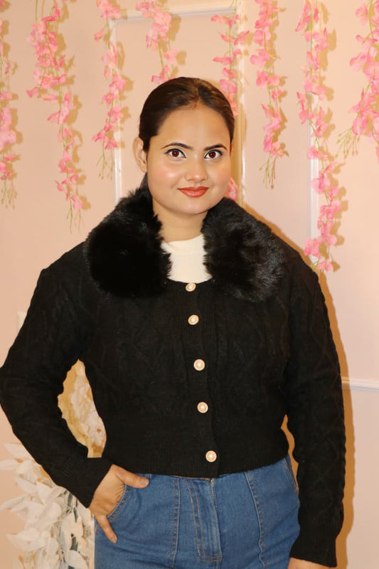 “Black Knitted Winter Cardigan with Detachable Faux-Fur Collar – Stylish, Warm & Elegant”