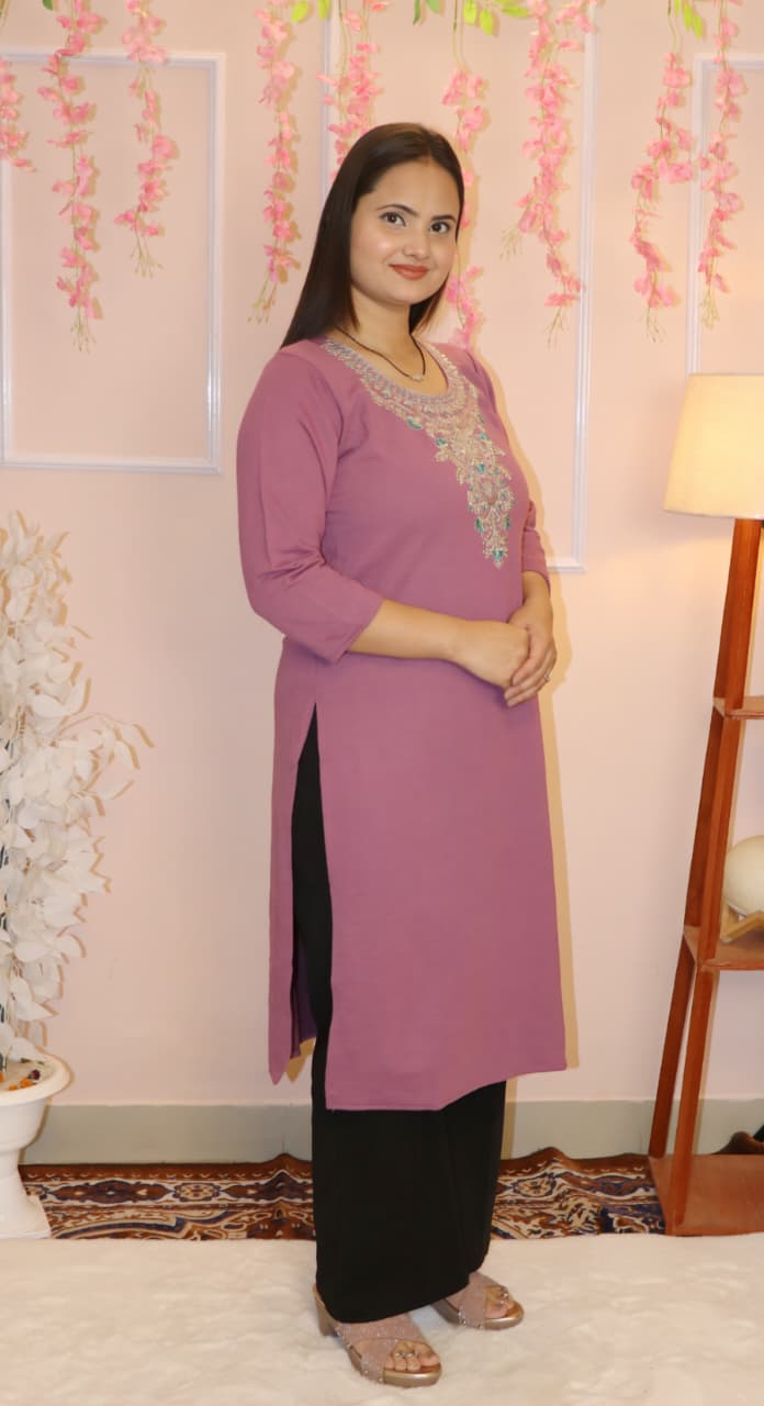 ✨ “Elegant Mauve Embroidered Woollen  Kurti – Winter Ready Look” ✨