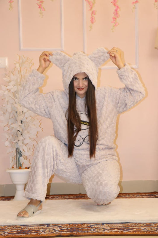 Ultra-Cozy Teddy Ear Hoodie Winter Co-ord Set (Light Grey)