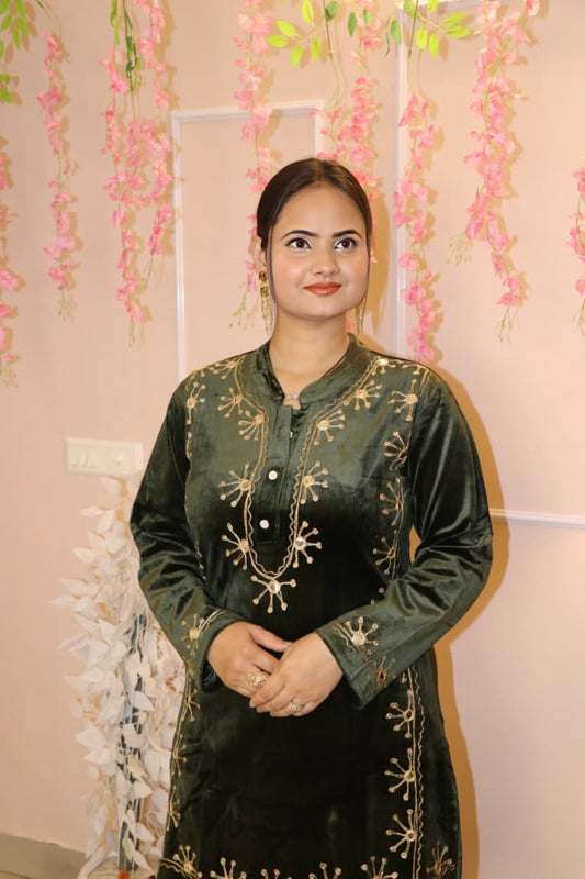“Olive Green Velvet Embroidered Co-Ord Set – Royal Winter Festive Wear”