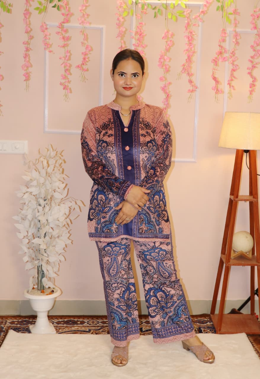 “Rose Pink & Navy Printed Velvet Co-Ord Set – Elegant Winter Festive Wear”