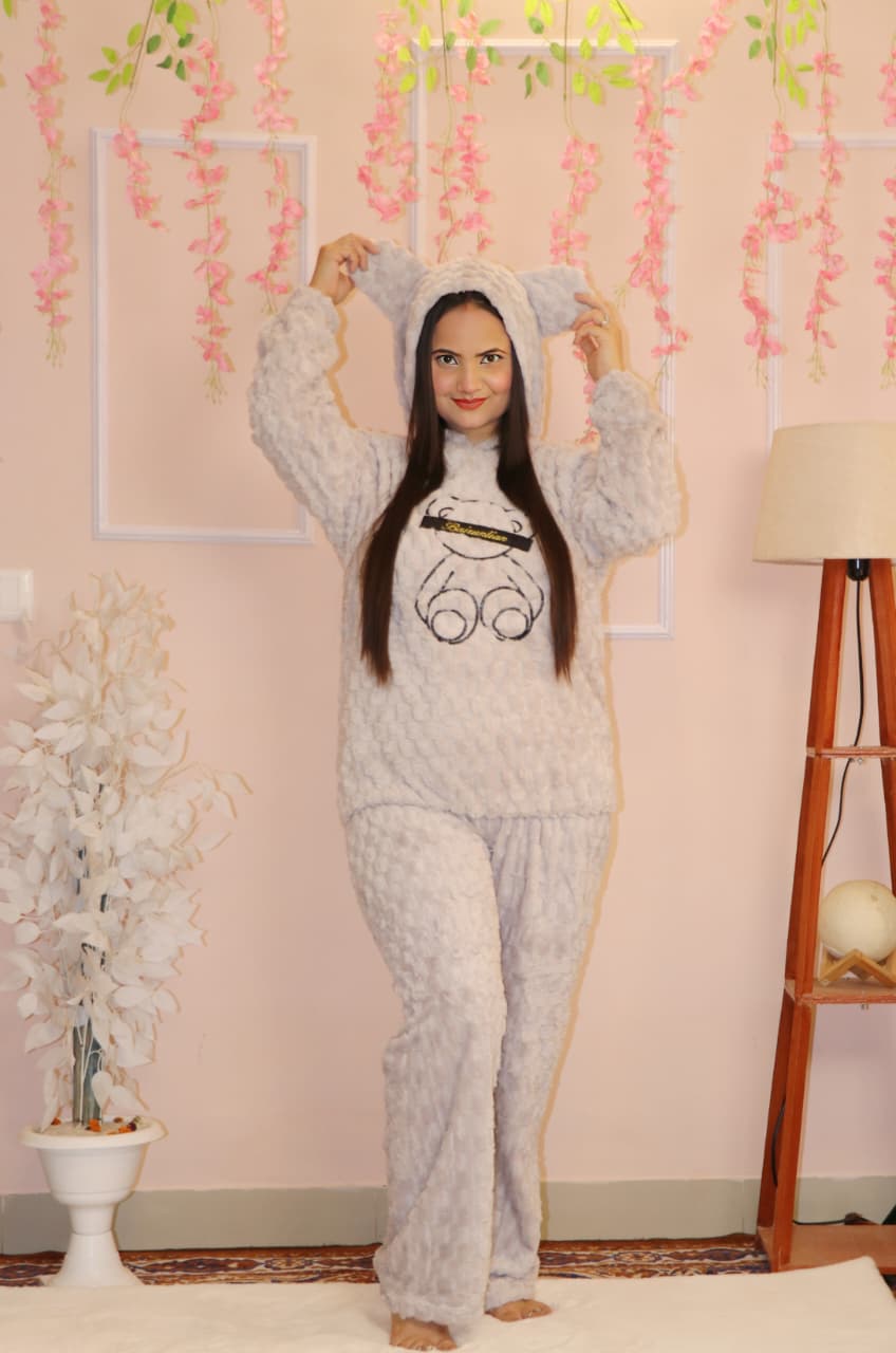 Ultra-Cozy Teddy Ear Hoodie Winter Co-ord Set (Light Grey)