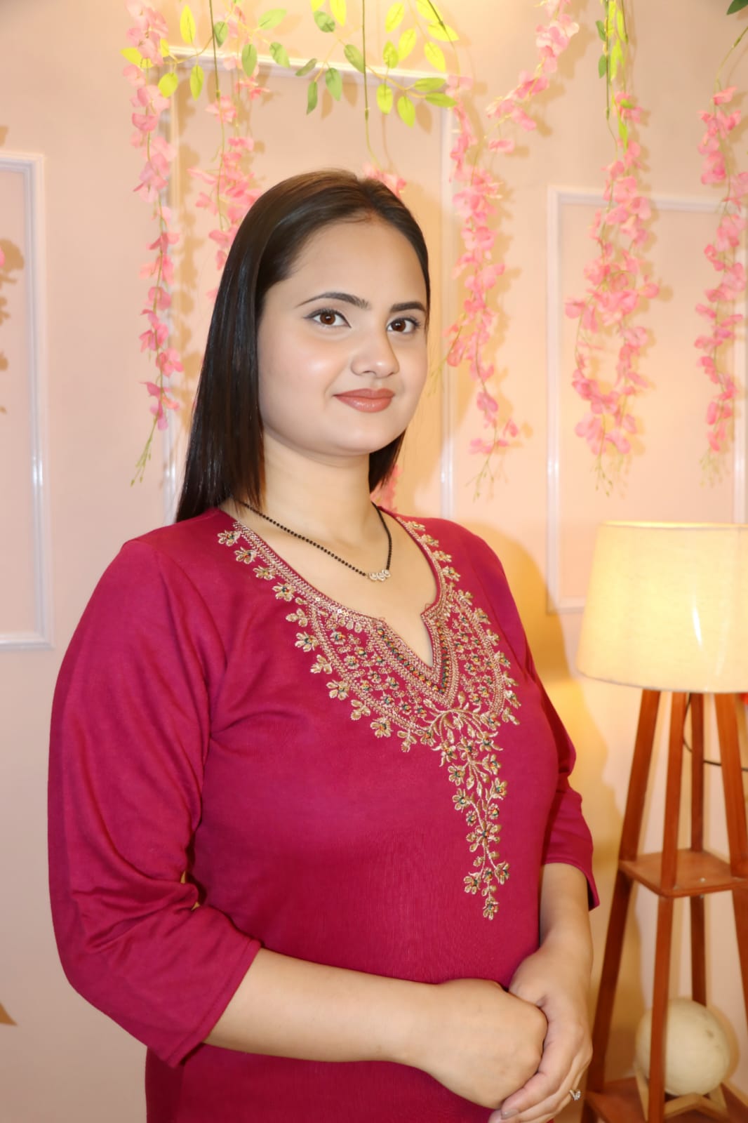 “Rich Wine Red Embroidered Woollen  Kurti – Winter Festive Elegance”